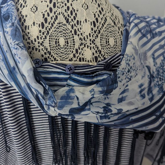 One World blue and white blouse with removable collar/scarf - Picture 4 of 9